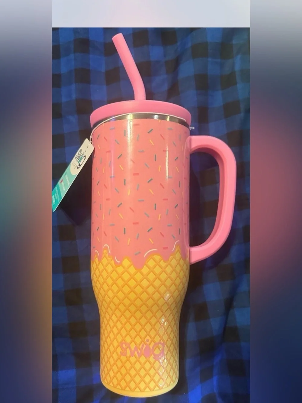 Swig Pink Ice Cream Cone Tumbler with Handle & Straw Brand new tags attached